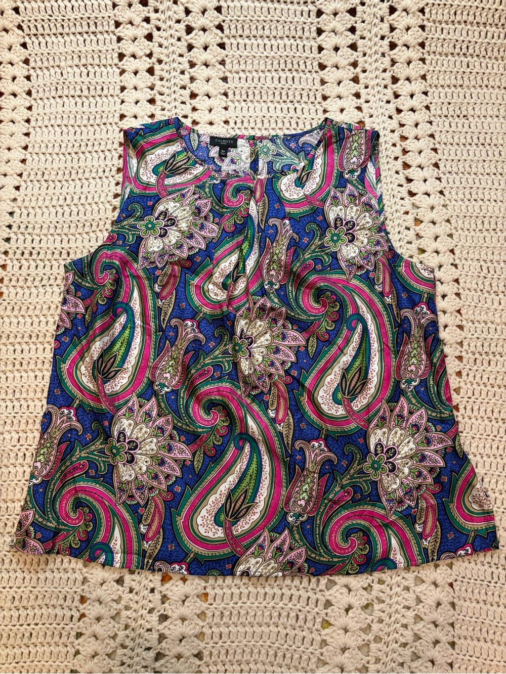 Talbots Silk Paisley Sleeveless Blouse in Blue, Pink & Green Size 16 Petite